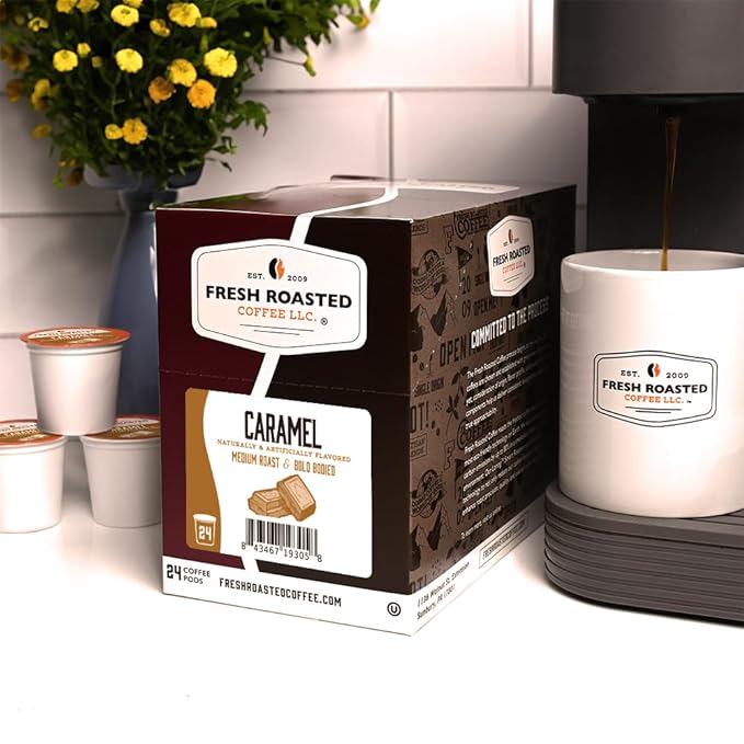 Fresh Roasted Coffee, Caramel, Flavored Coffee Pods, 24 Count
