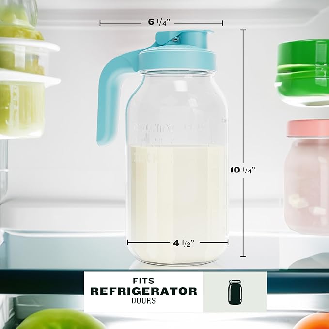 County Line Kitchen Glass Breast Milk Pitcher with Lid - Wide Mouth, 2 Quart (64 oz) - Heavy Duty, Leak Proof - Sun & Iced Tea Pitcher, Cold Brew Coffee, Breast Milk Storage, Water - Light Blue