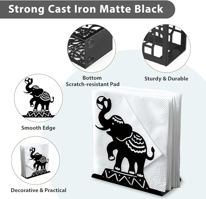 Circus Elephants Decorative Black Metal Napkin Holder for Table, 5.3" x 4.9" x 1.9" Animal Standing Napkin Holder for Home Kitchen Restaurant Picnic Party Coffee Bar Dining Room
