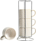6 Oz Coffee Mugs with Stand - Stackable Ceramic Espresso Cups Set of 4, Embossed Coffee Cups, Porcelain Cappuccino for Latte, Cocoa, Mocha, Tea, Dishwasher Safe, 3 inch