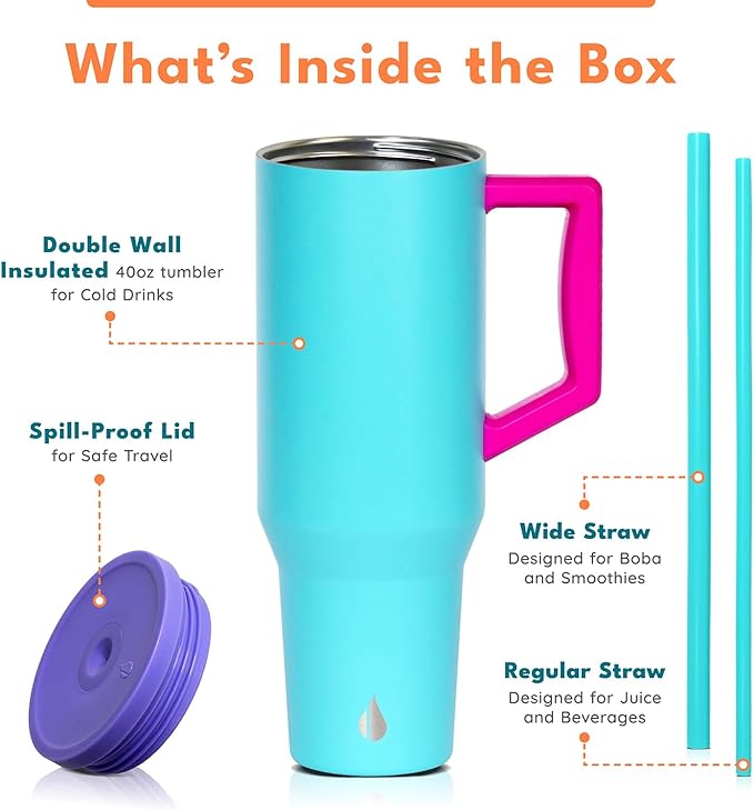 Elemental 40 oz Tumbler with Handle and Straw - Spill Proof Insulated Stainless Steel Commuter for Hot and Cold Beverages - Travel Coffee Mug with 2 Straws & Spill Proof Lid - 40oz - Blue Tie Dye