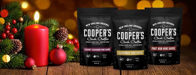 Wine Barrel Aged Coffee Gift Box Set, Sampler Roasted Coffee Costa Rica, Kenya, & Rwanda Beans Aged In Cabernet Sauvignon, Chardonnay, & Pinot Noir Wine Barrels, Medium Roast Whole Bean, 4 oz Bags, 12 oz Total