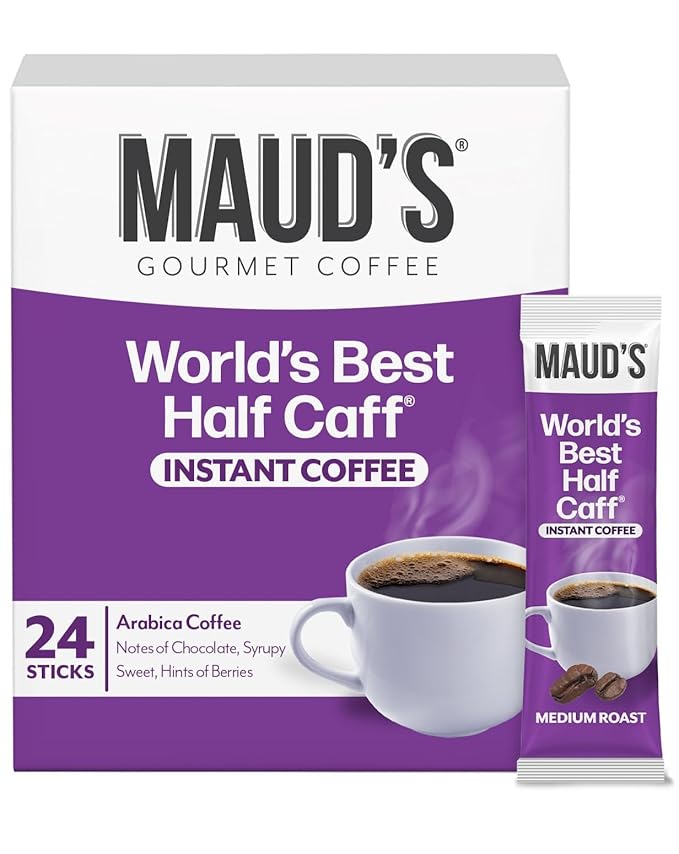 Maud's Half Caffeine Instant Coffee, 24 ct, 100% Arabica Coffee, Medium Roast, Instant Hot or Iced Coffee - Just add water