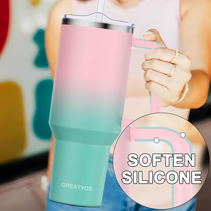 Stainless Steel 40 oz Tumbler with Handle, Insulated Travel Mug, Leak-Proof Lid, Vacuum Cup for Men & Women - Bubble Gum