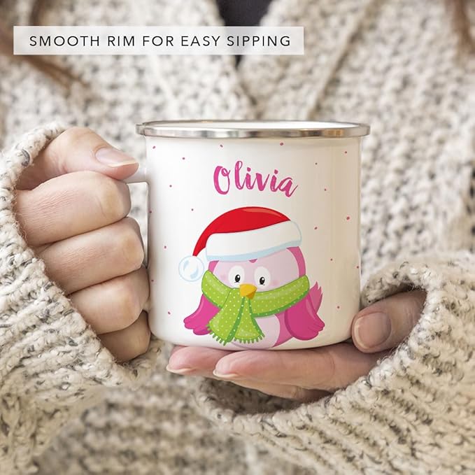 Andaz Press Personalized Name 11oz. Kids Christmas Hot Chocolate Stainless Steel Campfire Coffee Mug, Festive Pink Owl, 1-Pack, Custom Birthday Xmas Cup Hot Chocolate Mugs For Kids Christmas Mugs
