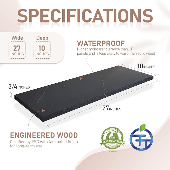 Kaboon 27 inch Long 10 inch Deep Floating Shelves for Wall Set of 2, Large Open Shelves Wall Mounted, Space Saving Home and Commercial Use, Cloud Atlas/Black Marble