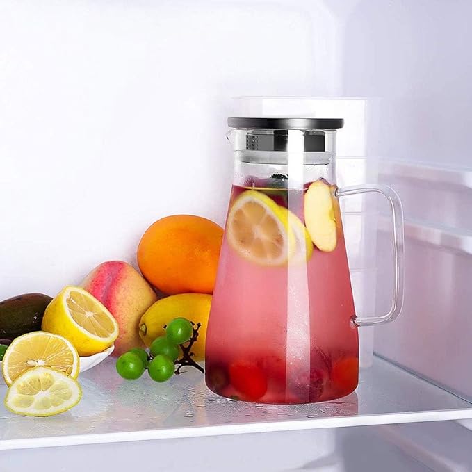 Hwagui - Large Heat Resistant Glass Pitcher with Stainless Steel Lid, Water Carafe with Handle, Good Beverage Pitcher for Homemade Juice and Iced Tea, 1800ml/61oz