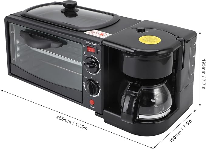 3-in-1 Breakfast Station with Coffee Maker, 4-Slice Toaster Oven, Non-Stick Griddle, 110V