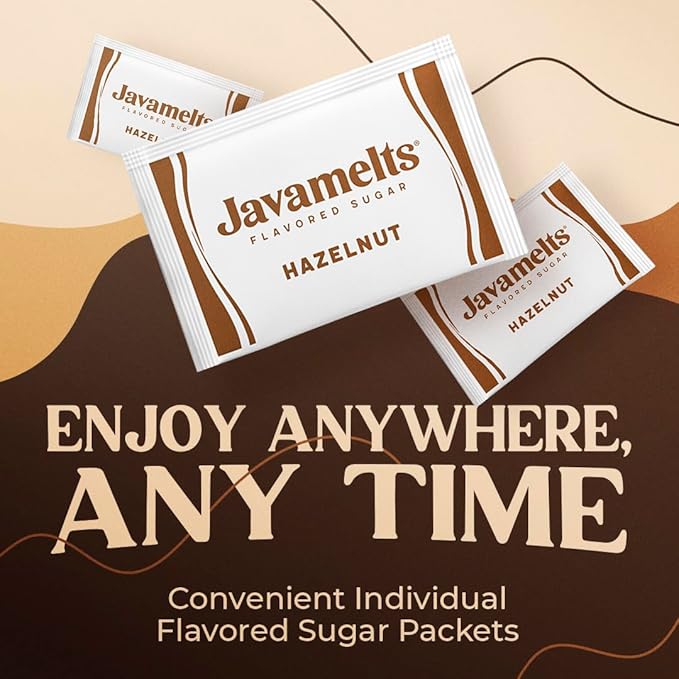 Javamelts Hazelnut Flavored Sugar Packets | Pure Cane Sugar for Baking, Coffee Syrup Substitute, Cocktails, Tea | Non GMO, Non Dairy, Gluten Free, Kosher | 200 Bulk Sugar Packets