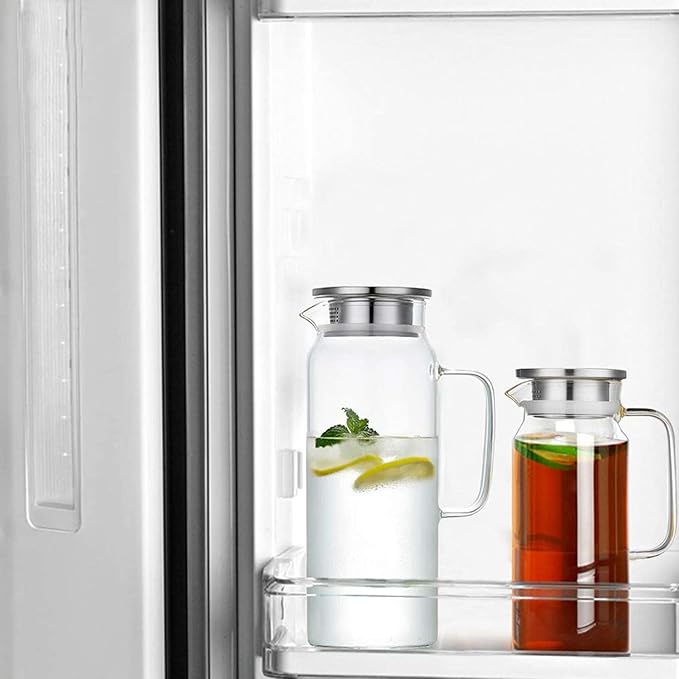 Glass Pitcher with Lid, 51Oz Heat Resistant Glass Water Carafe with Handle for Fridge, Pitcher for Iced Tea, Milk, Hot and Cold Beverage, Borosilicate Glass Juice Jug 1500ml