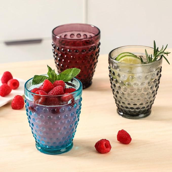G Highball Hobnail Drinking Glasses Set of 6, 10.3 oz Vintage Glassware, Hobnail Tumbler Glasses Set for Cocktail, Soda, Beverages Whiskey,Juice,Cocktail, Milk, Dishwasher Safe, Good Gift Ideal-Purple