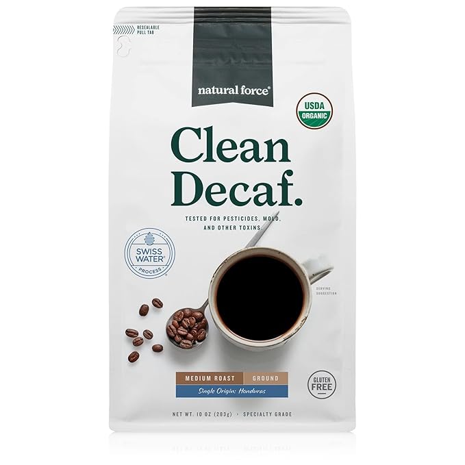 Natural Force - Organic Clean Decaf Coffee, Mold & Mycotoxin Free, Lab Tested for Toxins & Purity, Low Acidity, Incredible Taste & Aroma, Ground Swiss Water Decaf Medium Roast, 10 oz