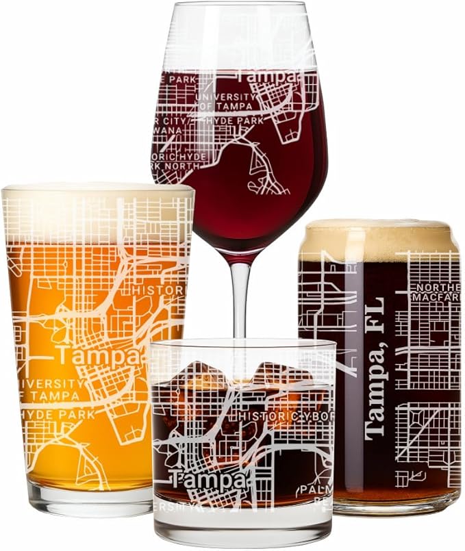 Blue Ridge Mountain Gifts - Tampa Souvenir - Florida Glassware Gift, Etched City Map, Laser Engraved and Dishwasher Safe