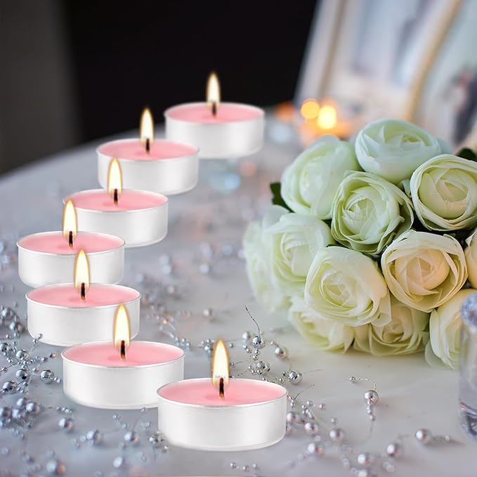 Pink Rose Scented Tealight Candles - 4 Hours - Giant 100 Bulk Packs - Smokeless Tea Lights for Valentine's Day, Weddings, Christmas, Home Decorative