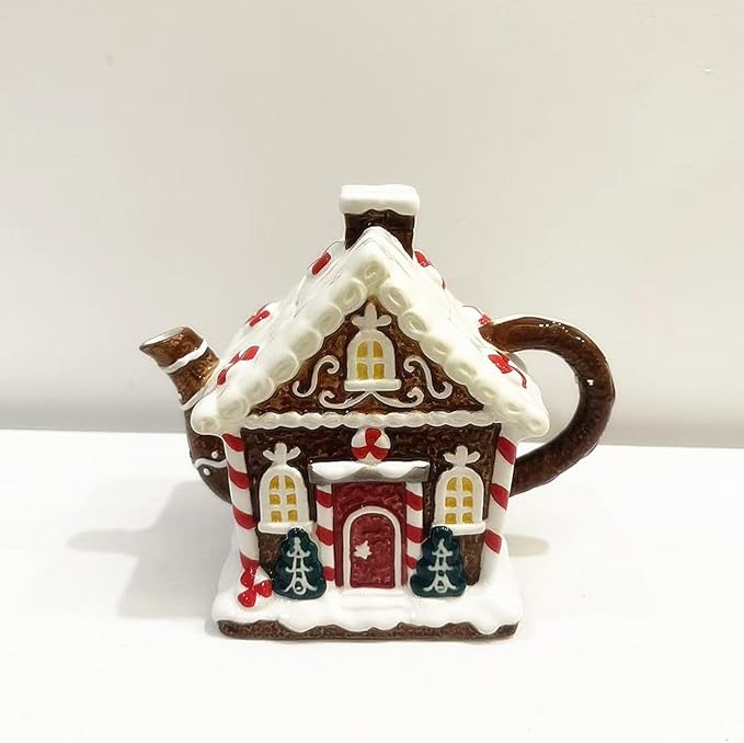Ceramic Christmas Coffee Pot, 3D Hand-Painted Gingerbread House Teapot, Holiday Gifts and Desktop Decoration