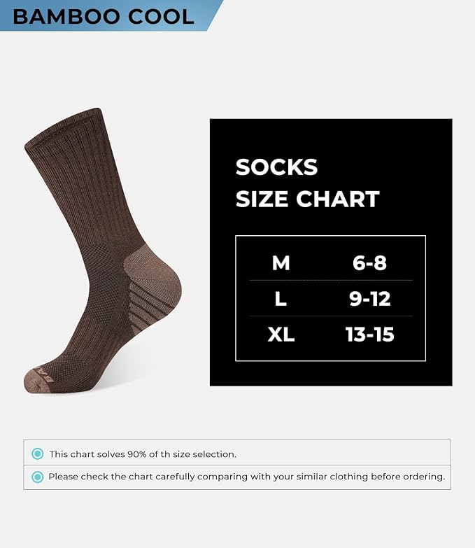 BAMBOO COOL Men's Crew Socks Athletic Running Sports Socks, Cushioned Moisture Wicking, Breathable Arch Support 6 Pack