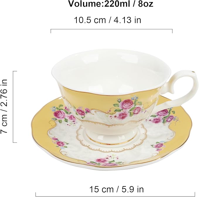 fanquare Colorful Floral Porcelain Coffee Cups with Saucers, British Tea Cups Set for 6, Classic Rose Tea Party Set for Women