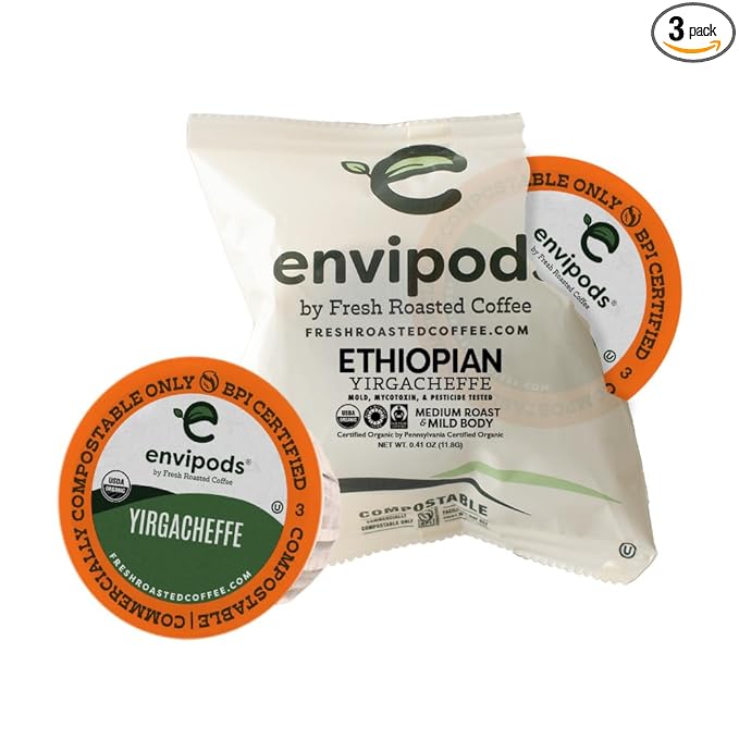 Fresh Roasted Coffee, Organic Ethiopian Yirgacheffe envipods, Fair Trade Kosher, Medium Roast, 36 Count, Individually Wrapped, Compatible With 1.0 & 2.0 K Cup Brewers