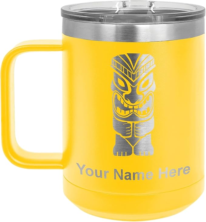LaserGram 15oz Vacuum Insulated Coffee Mug, Tiki Statue, Personalized Engraving Included (Yellow)