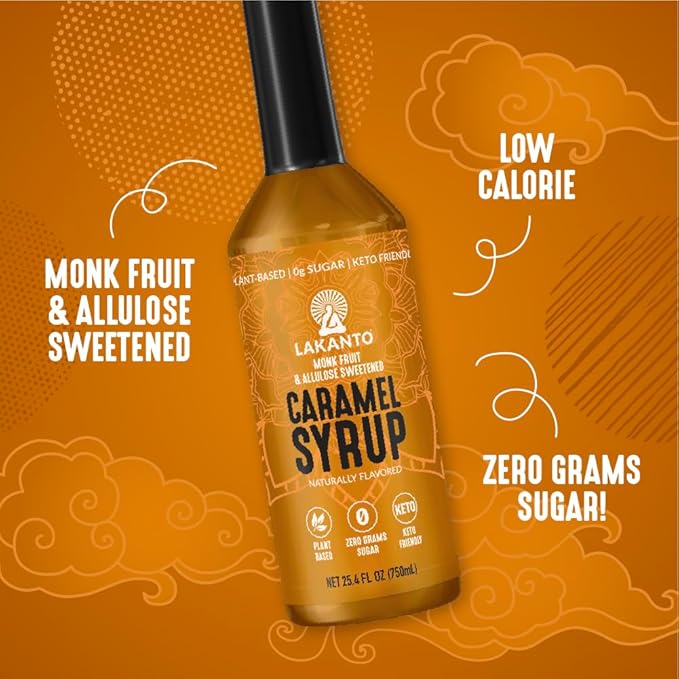 Lakanto Simple Flavoring Syrup - Monk Fruit Sweetener with Allulose, Perfect for Coffee, Tea, Cocktails, Snow Cones, Sodas, Other Drinks, Keto, Vegan (Caramel - 25.4 fl oz)