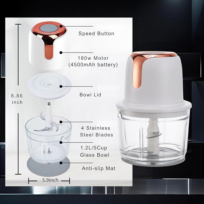 Electric Food Processor, 1.2L Cordless Meat Grinder, USB-C Rechargeable with 4500mAh Battery (Rose Gold)