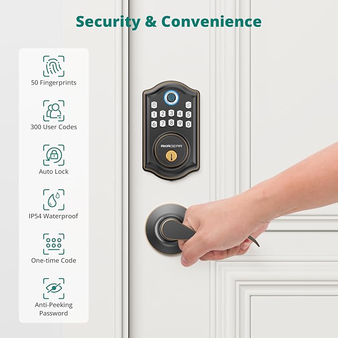 DS10 Keyless Entry Door Lock with 2 Lever Handle, Fingerprint, Keypad Code, 2 Keys, Smart Locks for Front Door, Bedroom, One-time Code, Auto-Lock, Easy Installation - Oil Rubbed Bronze