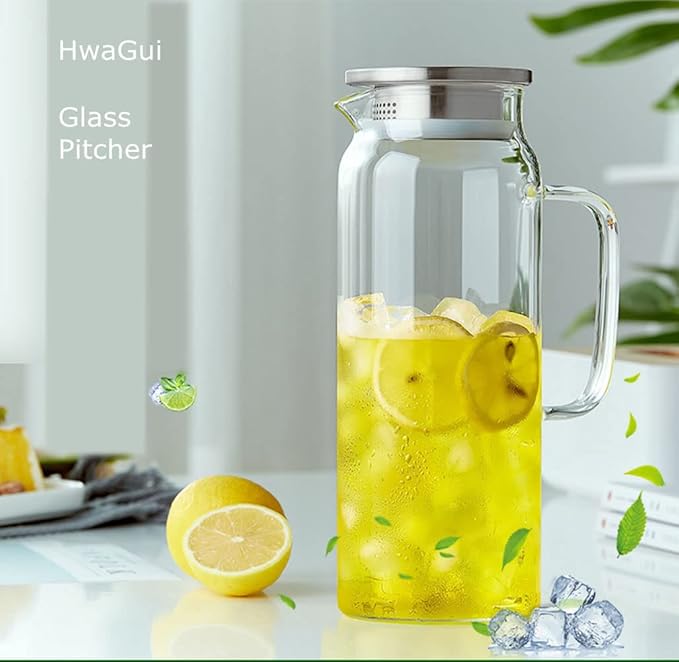Glass Pitcher with Lid, 34 Oz Heat Resistant Glass Water Carafe with Handle for Fridge, Small Pitcher for Iced Tea, Milk, Hot and Cold Beverage, Glass Juice Jug 1000ML/34oz 1l