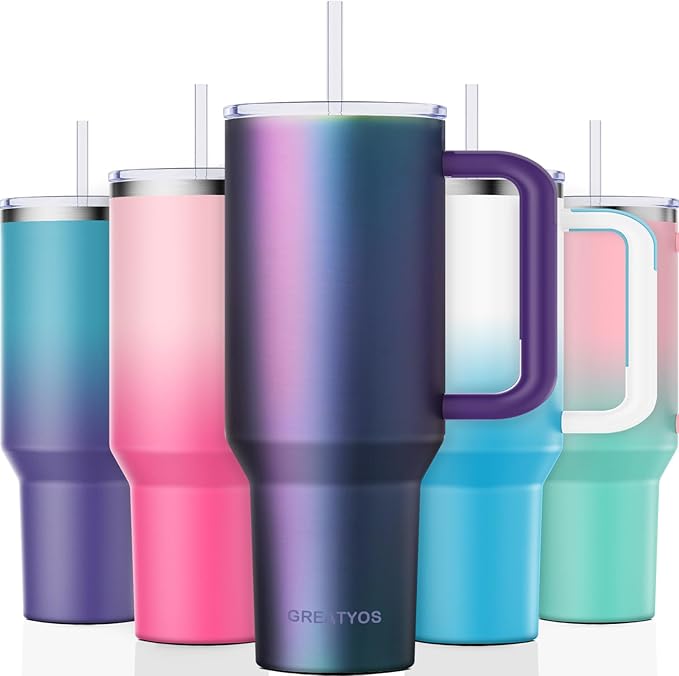 40 oz Tumbler with Handle and Straw Lid Insulated Tumblers Cups with Lids Straws Double Wall Vacuum Leak Proof Stainless Steel 40oz Tumbler Travel Mug Gifts for Men Women Him Her (Aurora)