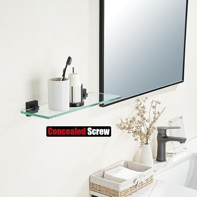 JQK Bathroom Glass Shelf Black, Tempered Glass Shower Storage 16 by 5 inches, 304 Stainless Steel Matte Black Wall Mount 2 Pack, TGS201L16-PB-P2