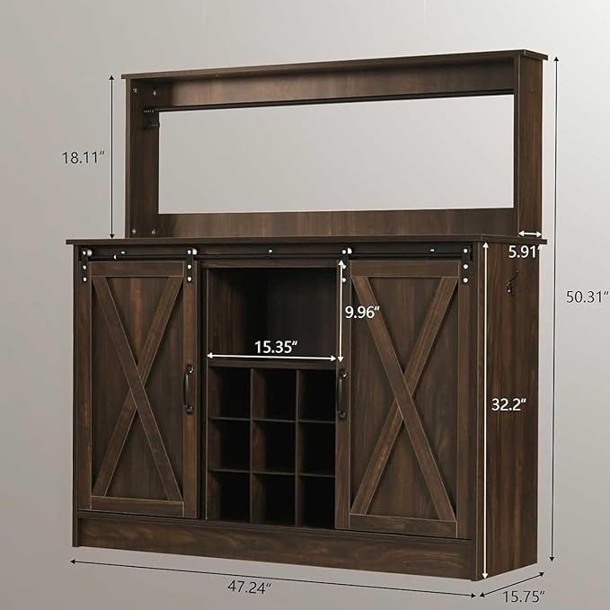 4ever2buy Farmhouse Coffee Bar Cabinet with Hutch and 6 Hooks, 47 Inch Wine Cabinet with Storage, Kitchen Buffet Cabinet with Adjustable Shelves &9 Wine Racks for Living Dining Room, Dark Oak