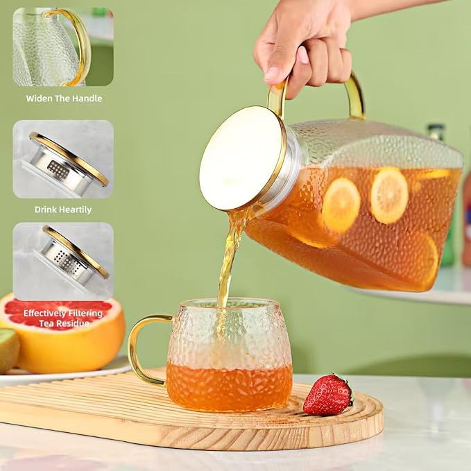Glass Pitcher with Lid 1.8L, Borosilicate Glass Water Jug for Refrigerator Door, Hot & Cold Beverages, Leak-Proof Stainless Steel Lid with 2 Filter Holes for Iced Tea, Juice, Coffee, Milk