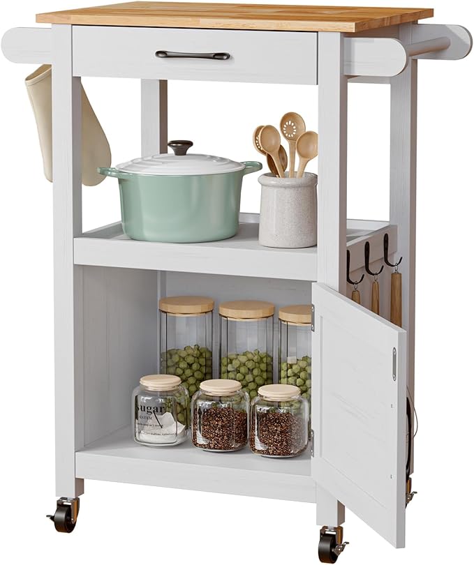 VINGLI Rolling Kitchen Cart with Microwave Stand, Storage Cabinet & Drawer, Small Coffee Cart with Side Hooks & Towel Rods, Compact Kitchen Island on Swivel Wheels, White