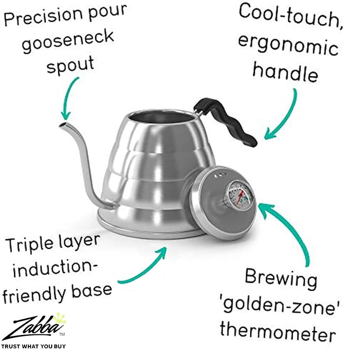 Coffee Gator Gooseneck Kettle with Thermometer - 34oz Premium Stainless Steel Pour Over Coffee Maker Kettle, Stove Top, w/Precision Drip Spout, for Drip Coffee, French Press, Tea Kettle, 4 Cup, 1L