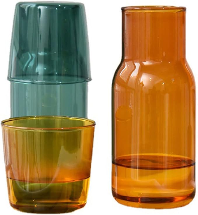 Bedside Glass Water Carafe Set with Cup, Glass Carafe with Lid Mouthwash Cups for Bedroom Bathroom Juice Wine Milk