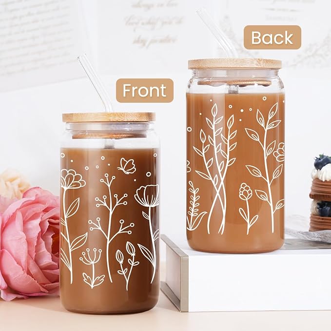 SANDJEST Floral Cup 16 Oz Can Glass with Bamboo Lid and Straw - Flower Glass Cup Gifts for Women - Wildflower Drinking Coffee Gifts