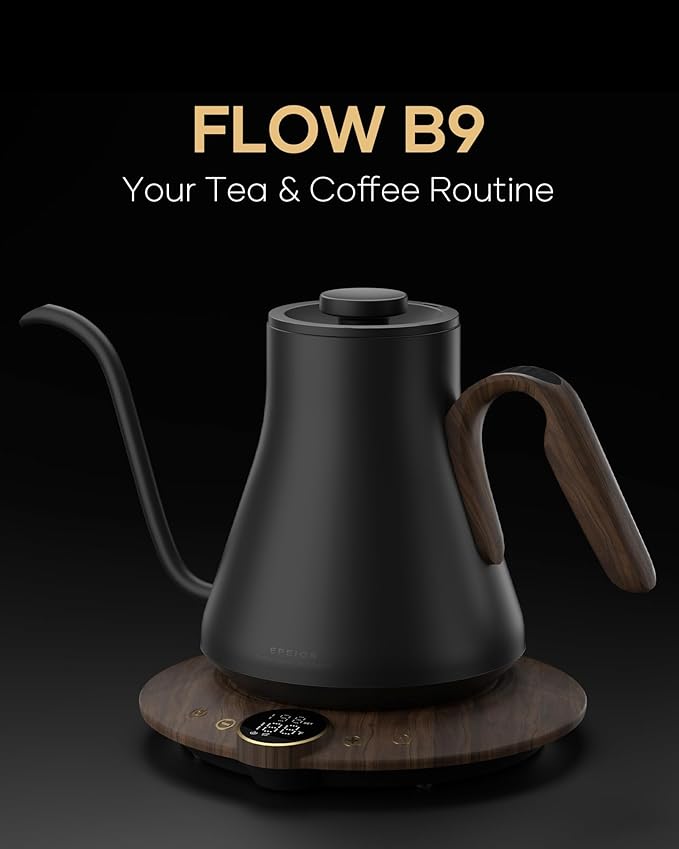 Cocinare FLOW B9 Gooseneck Electric Kettle, Precise Temperature Control for Pour-Over Coffee & Tea Brewing, Stainless Steel Interior, Rapid Heating for Boiling Water 1500W/0.9L (Obsidian Black)