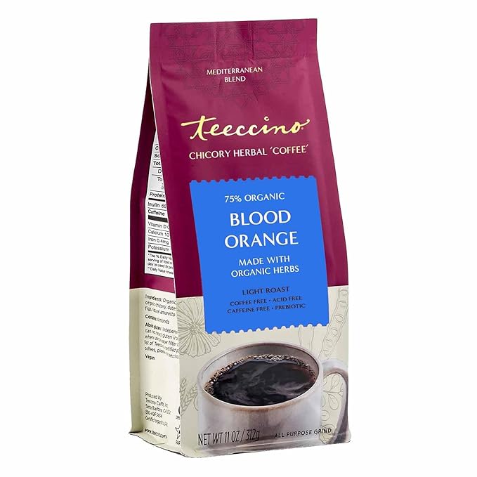 Teeccino Blood Orange Chicory Coffee Alternative - Ground Herbal Coffee That’s Prebiotic, Caffeine Free & Acid Free, Light Roast, 11 Ounce (Pack of 3)
