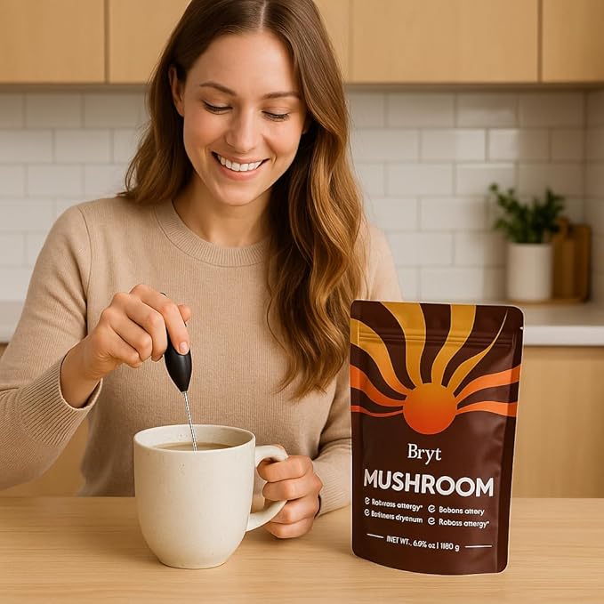 BRYT Mushroom Coffee – Mushroom Coffee Blend with 10 Mushrooms + Collagen – Organic Instant Coffee Mix for Balanced Energy, Focus & Wellness – Low Caffeine, Sugar-Free, Dairy-Free, 30 Servings
