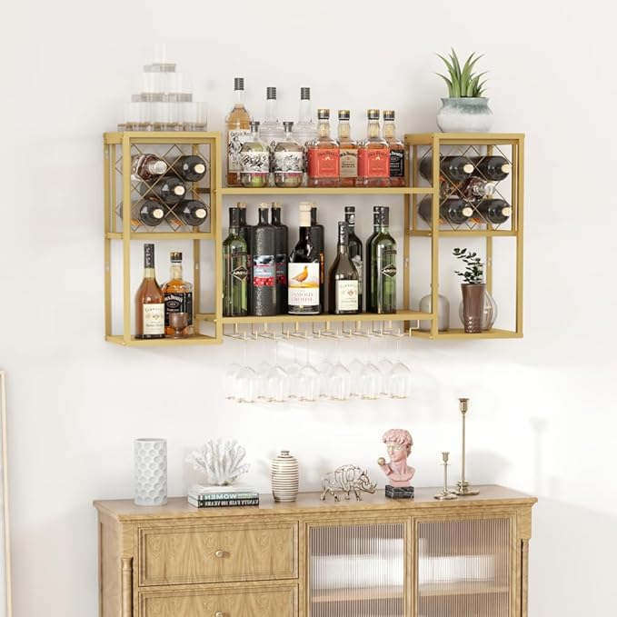Metal Wall Mounted Wine Rack with Glass Holder, 2 Tier Mini Floating Bar Shelves, Liquor Bottle Display Shelf for Home Bar Kitchen Dining Room (Gold)