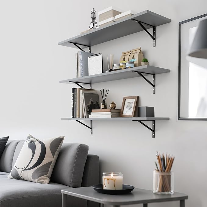 Kaboon 45 inch Long 10 inch Deep Floating Shelves for Wall Set of 2, Large Open Shelves Wall Mounted, Space Saving Home and Commercial Use, Gray