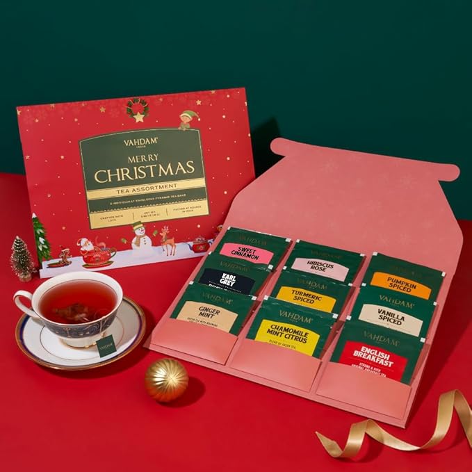 VAHDAM, Merry Christmas Tea Gift Set (9 Individually Wrapped Tea Bags) Limited Edition -Gluten Free, Non GMO | Christmas 2025 Gift Ideas | Christmas Gifts For Women 2025 & Christmas Gifts For Men 2025
