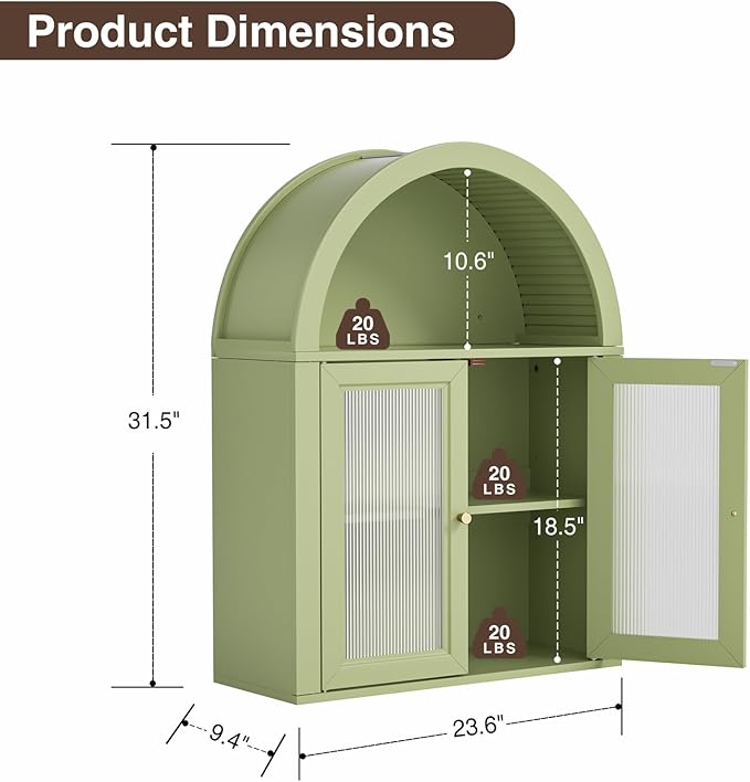 Bathroom Wall Cabinet, Arched Cabinet Wall Mount, 2 Acrylic Doors, 1 Adjustable and Removable Shelf, for Laundry Room, Living Room, Restroom, Kitchen, Green