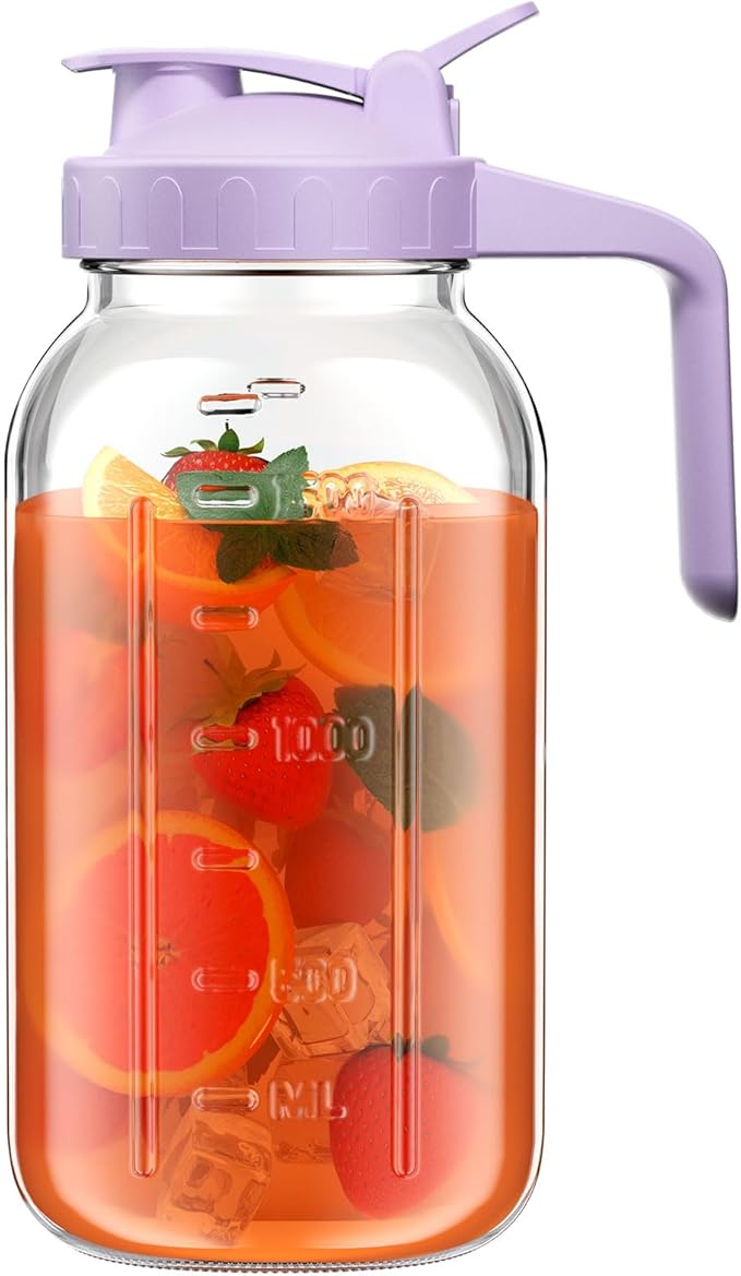 64 oz Glass Pitcher with Lid, Large Wide Mouth Mason Jar with Pour Spout, Purple Sun Tea Glass Jar for Outside, Juice Pitcher Great for Drink, Cold Beverages and Breast Milk