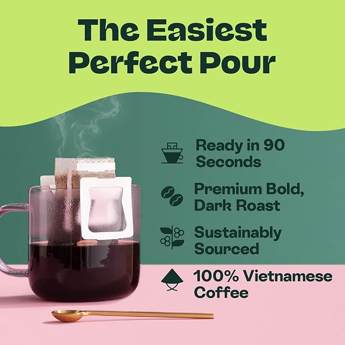 Copper Cow Coffee Premium Pour Over Single-Serve Vietnamese Coffee Pouches (8 pack) | Decaf | Dark Roast | Convenient Vietnamese Ground Coffee Packets, Travel Friendly