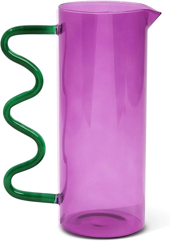 Core Kitchen Violet & Emerald Vibrant Squiggle 44 Ounce Durable Glass Pitcher Carafe Decanter Serveware Container, Flower Vase, Centerpiece Décor, 50193
