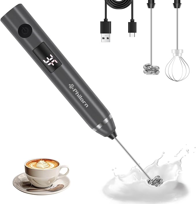 Philorn Milk Frother Wand Handheld Rechargeable Electric Whisk Coffee Drink Mixer, Mini Foamer for Lattes, Cappuccino, Frappe, Matcha, Hot Chocolate, Protein Powder, Keto Diet (Black 2 Heads)