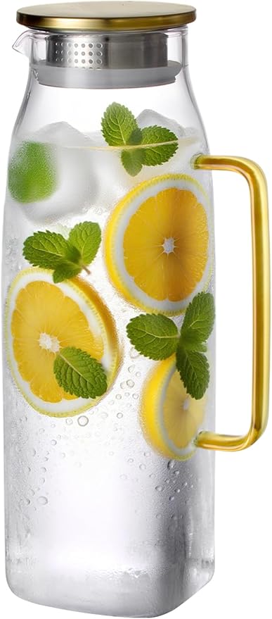 GLASKEY 74oz Square Glass Pitcher with Lid and Handle for Fridge,Borosilicate Glass Carafe for Hot or Cold Drink, Large Jug for Iced Tea,Coffee,Juice,Homemade Beverage (Gold)