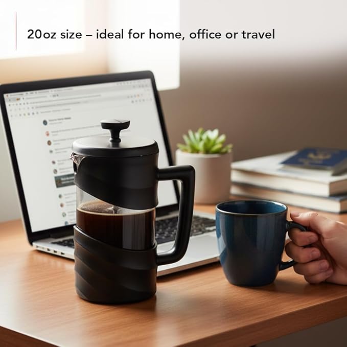 OVENTE French Press Coffee Maker 20 Ounce with Heat Resistant Borosilicate Glass & Stainless Steel 4-Level Filtration System, Portable Cold Brew Coffee Maker for Travel, Camping or Gift, Black FPW20B