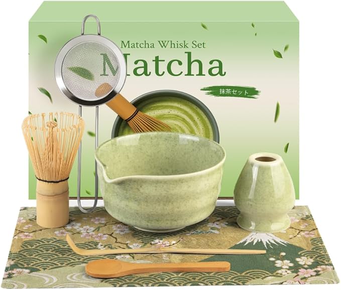 Matcha Whisk Set - Ceramic Matcha Set Includes Matcha Bowl, Whisk and Holder, Bamboo Scoop, Scoop Rest, Sifter and Tea Towel - 7 Pcs Ceremonial Gift Kit for Matcha Lovers (Pure Green)