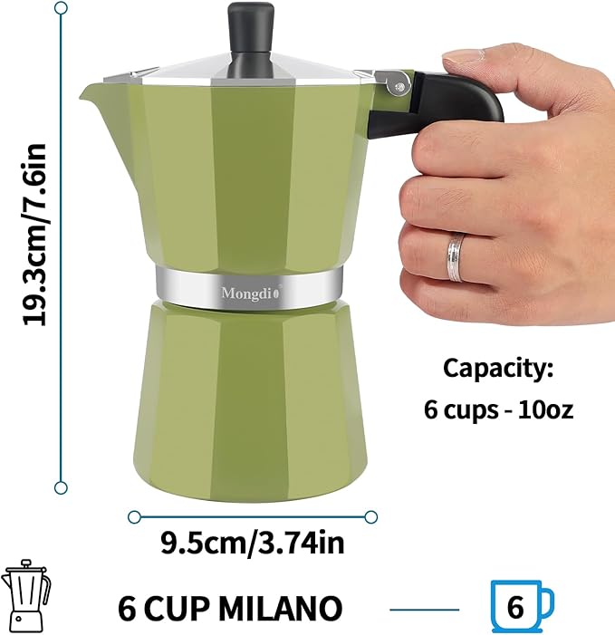 Mongdio Stovetop Espresso Maker Moka Pot, Stove Top Cuban Coffee Maker, Italian Greca Mocha Pot, 6 Espresso Cups, 10 oz - Green